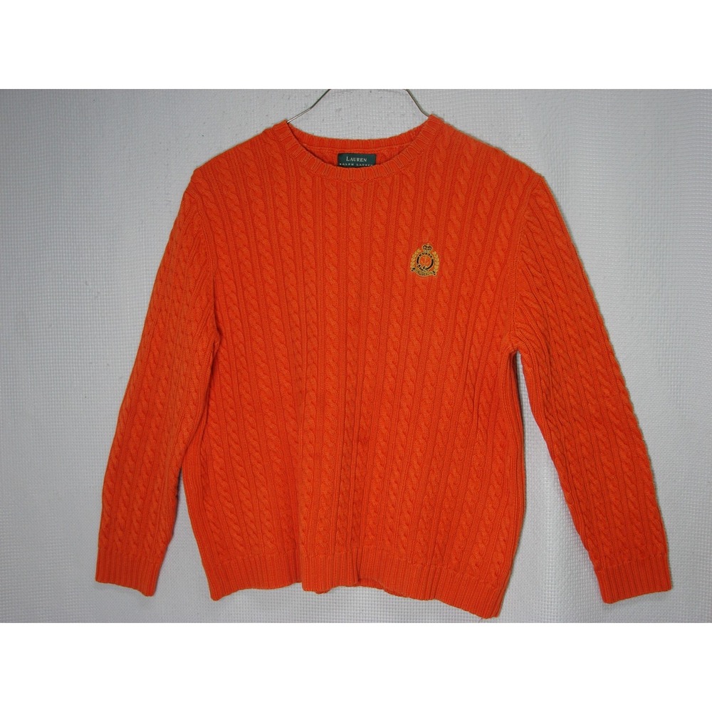LRL Ralph Lauren Sweater Orange Cable Knit Crew Neck Embroidered Crest Logo XL